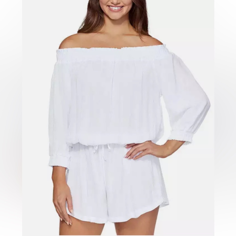 Raisins Womens West Coast Off-The-Shoulder Romper Cover-Up White Size S - Picture 1 of 11